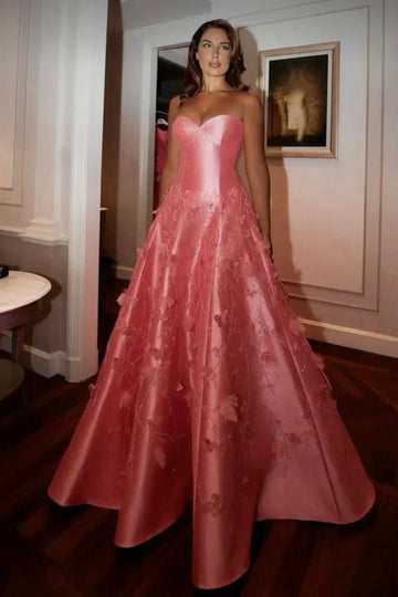 Ball Gown Sweetheart Pink Satin Floral Long Prom Dresses Formal Evening Dress SD1404 HZ0628
